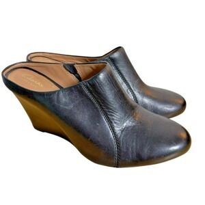 Clarks Wedge Mules Womens 9.5M Wedge Black Leather Round Toe Artisan Slip On